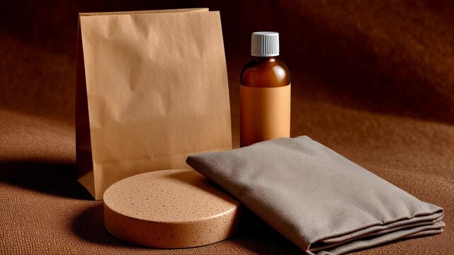 Brown paper bag amber bottle round container beige fabric folded cloth warm lighting cozy natural packaging scene soft texture
