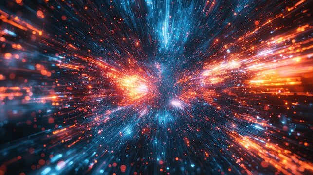 Abstract, center focus, explosion of warm orange & cool blue light streams