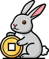 Cute Cartoon Rabbit Holding a Golden Chinese Coin Symbolizing Good Fortune and Prosperity.