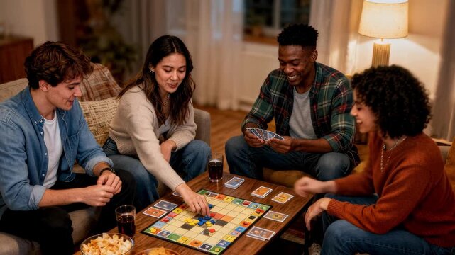 Diverse Friends Playing Board Games at Home Living Room Night