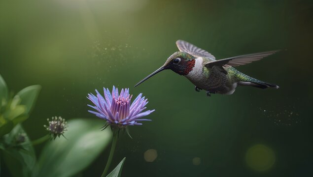 Hovering iridescent-green hummingbird probing purple daisy in garden, pollen droplets and bokeh
