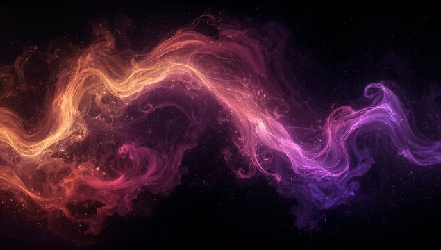 Flowing luminous nebula ribbon sweeping across black void with filaments and gold-violet particles - Powered by Adobe