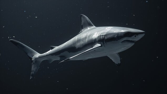 Gliding big requiem shark showing dorsal fin, pectoral fins, gill slits, teeth, scars in deep water - Powered by Adobe