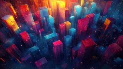 Abstract city aerial view; vibrant blocks of blues, reds, yellows, in a dense cityscape