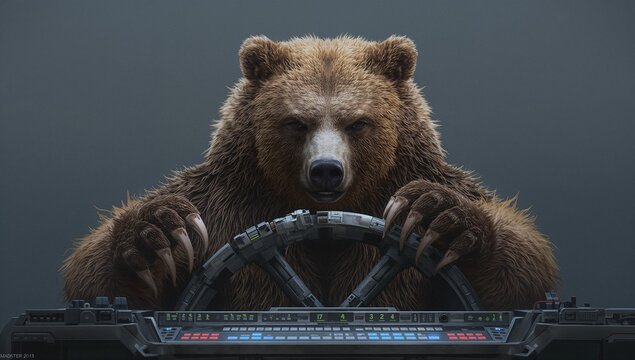 Operating brown bear steering yoke in cockpit, scanning console with readouts, RGB lights, claws