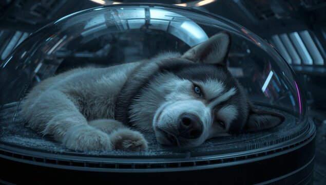 Lying Siberian husky curling inside transparent dome on vented circular base in lab chamber