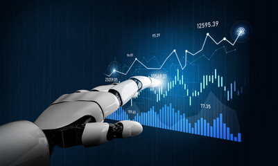 A robotic hand reaches towards glowing financial graphs and data on a digital screen, symbolizing...