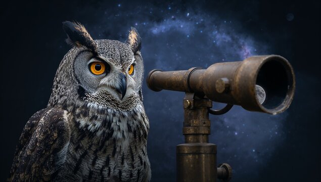 Perched large horned owl turning head under Milky Way night sky, with brass telescope eyepiece moon