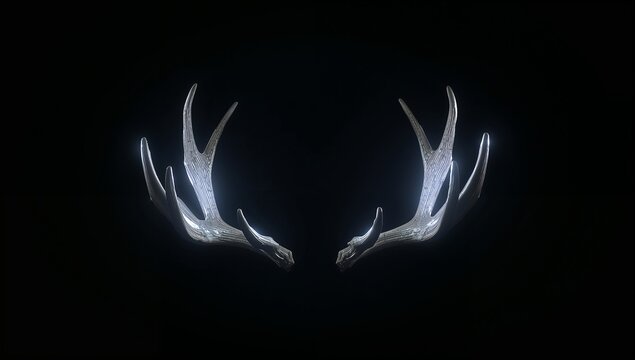 Presenting symmetrical pair of deer antlers glowing in dark display, with halo lighting - Powered by Adobe
