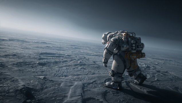 Walking astronaut in heavy extravehicular suit across barren plain, carrying life pack, copy space