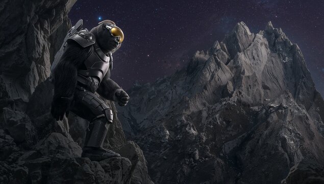 Standing armored bear surveying jagged peaks on cliff, with gold visor and jetpack, copy space - Powered by Adobe