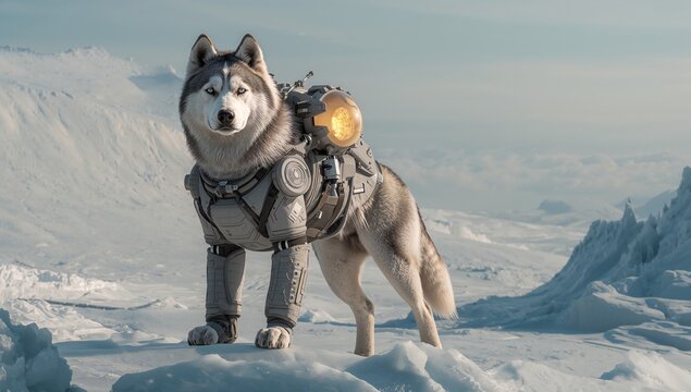 Standing Siberian husky wearing futuristic exosuit on icy ridge, showing glowing backpack thruster - Powered by Adobe