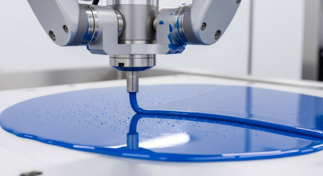 Industrial robotic arm dispensing blue sealant. Automated manufacturing process with precision technology in a modern factory