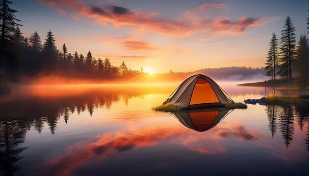 serene sunrise paints mist kissed lake with lone tent adrift awakening nature s quiet beauty