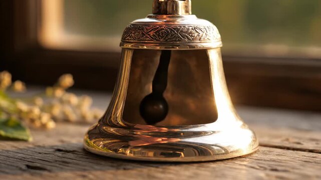 Antique brass bell with detailed engraving on a rustic wooden surface with delicate flowers