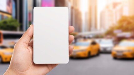 A hand holds a blank smartphone in a busy city with yellow taxis and blurred buildings in the background.