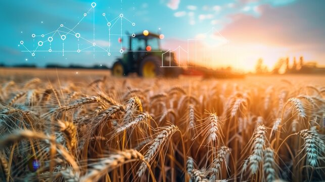 Tractor harvesting wheat in field with financial graphs overlay illustrating agricultural economics