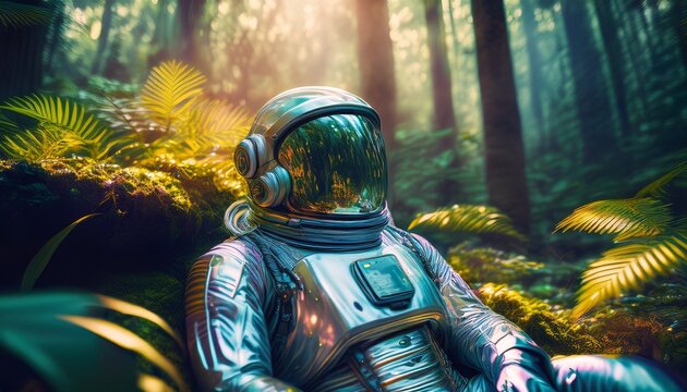 futuristic astronaut in reflective chrome spacesuit rests among forest foliage vibrant lighting creates ethereal dreamlike atmosphere sci fi scene blends nature advanced technology for surreal