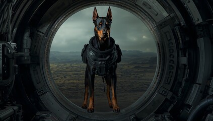 Standing Doberman wearing tactical harness guarding circular hatch at rocky plateau, metal panels