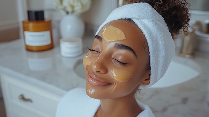 A skincare routine focused on brightening pro features a serene woman with a face mask, eyes closed, enjoying a spa day. A tranquil, self-care moment promotes beauty and wellness
