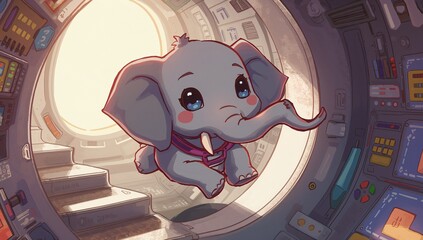 Floating baby elephant drifting through spacecraft cabin hatch, with purple harness and controls