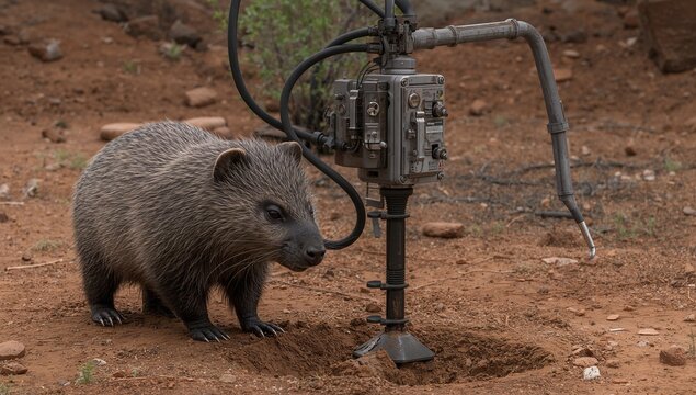 Nosing wombat-like mammal probing shallow hole in outback soil, with drilling rig control box hoses - Powered by Adobe