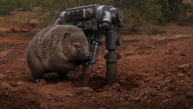 Inspecting adult wombat nudging mechanical drilling probe in outback scrubland, with loose red soil - Powered by Adobe