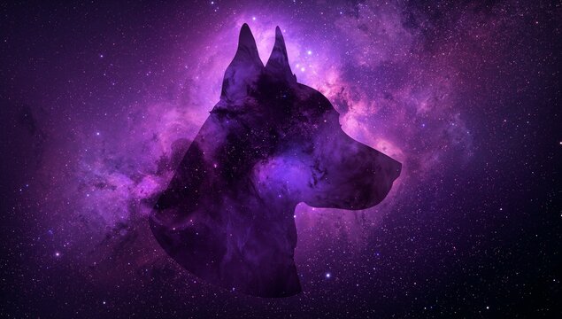 Showing cosmic dog silhouette emerging from purple nebula in space with glowing dust lanes