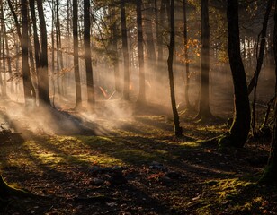 Fototapeta premium Serene Forest Landscape with Mist and Sunlight Streaming Through Trees