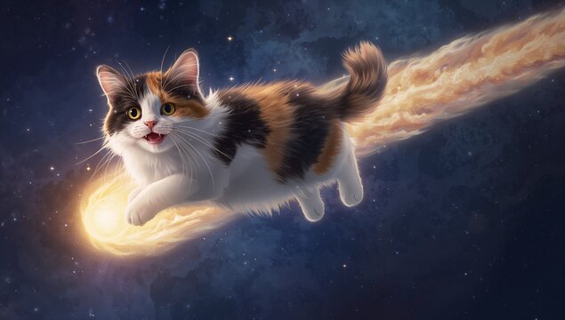 Soaring fluffy calico cat floating through outer space, with glowing comet head and fiery tail - Powered by Adobe