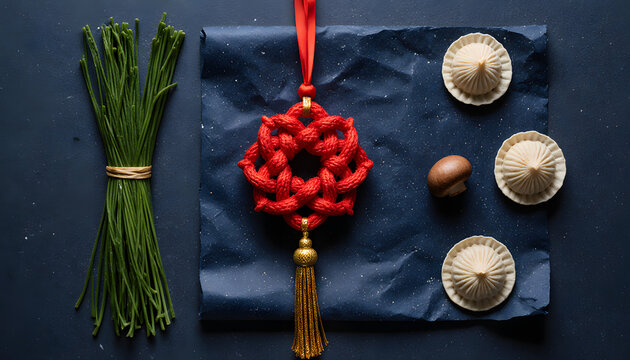 Elaborate red knot ornament with tassels on dark blue paper with food   - Powered by Adobe