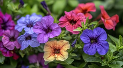 A close-up of different types of blooming flowers in full color.