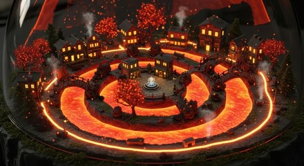 Miniature glowing village scene contained within a clear glass dome depicts flowing magma and illuminated structures