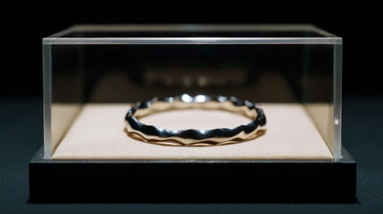 Gold ring displayed in a clear acrylic display case. the ring is in the center of the display case, with a black base and a gold band.