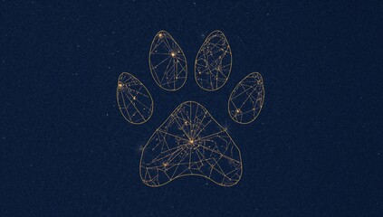 Displaying golden paw network connecting glowing nodes with thin lines on navy field, star specks