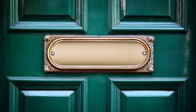 blank metal nameplate on dark green vintage wooden door ornate brass frame detail classic elegant entrance sign offers empty space for custom house address name tag office label retro posh home