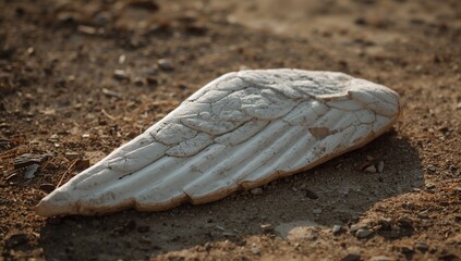 Lying white sculpted wing showing carved feathers on dry dusty ground, with gravel shadows