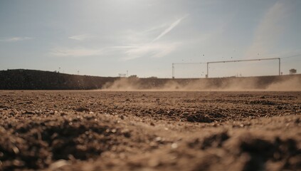 Showing close dry dirt ground stretching to horizon at vacant lot, with goalpost, dust, embankment