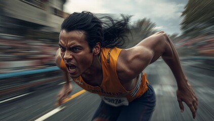 Sprinting male runner leaning midstride down wet city street wearing orange singlet bib 39878