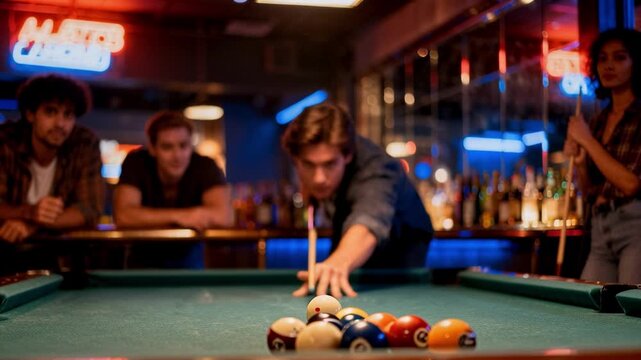 Friends Playing Pool Billiards at Sports Bar Entertainment