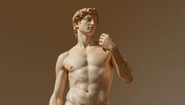 Standing marble sculpture gazing upward in museum gallery, showing bare torso and drapery