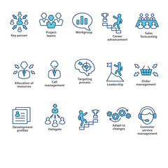 Visual representations of essential business team structures, leadership roles, and collaborative workgroup dynamics presented as modern line icons