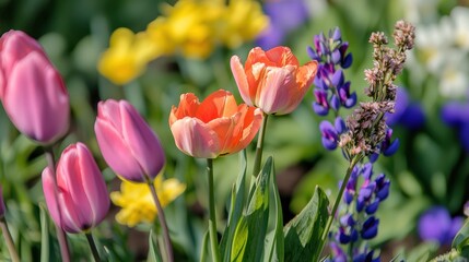 A close-up of different types of blooming flowers in full color.