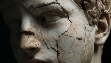 Showing marble head sculpture revealing cracks and damaged nose in gallery with studio lighting