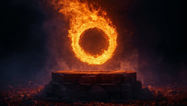 Hovering ring of flame casting orange glow over circular stone pedestal in dark clearing, embers