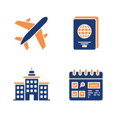 Obraz premium Airplane, School Building, Passport, and Calendar Schedule Icons.