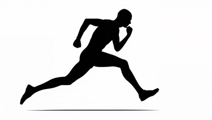 Leaping runner silhouette wearing sportswear and shoes at plain white background with shadow line