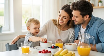 Young family with baby enjoying breakfast at home. Happy mother and father at breakfast with their child eating healthy food. Daily life, parenting, healthy eating.