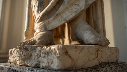 Showing marble sculpture feet and draped robe resting on plinth in museum, with carved motif
