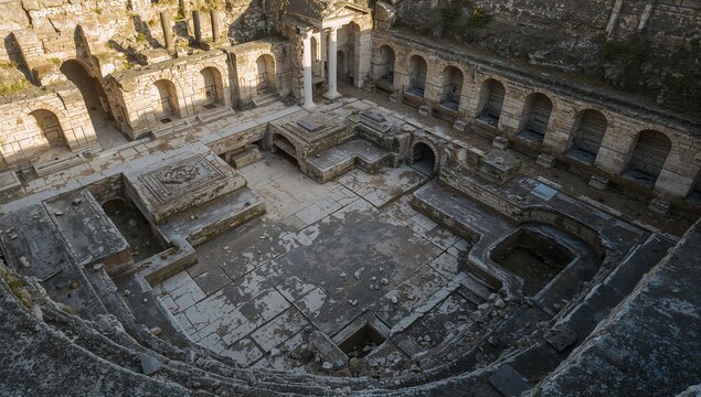 Showing central paved courtyard from aerial, sunlight casting shade on carved platforms and pools
